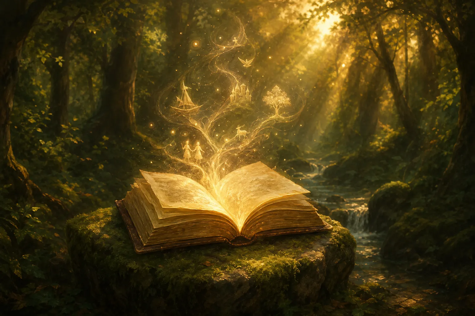 Раскрытая книга в солнечной поляне леса — символ переписывания своих историй